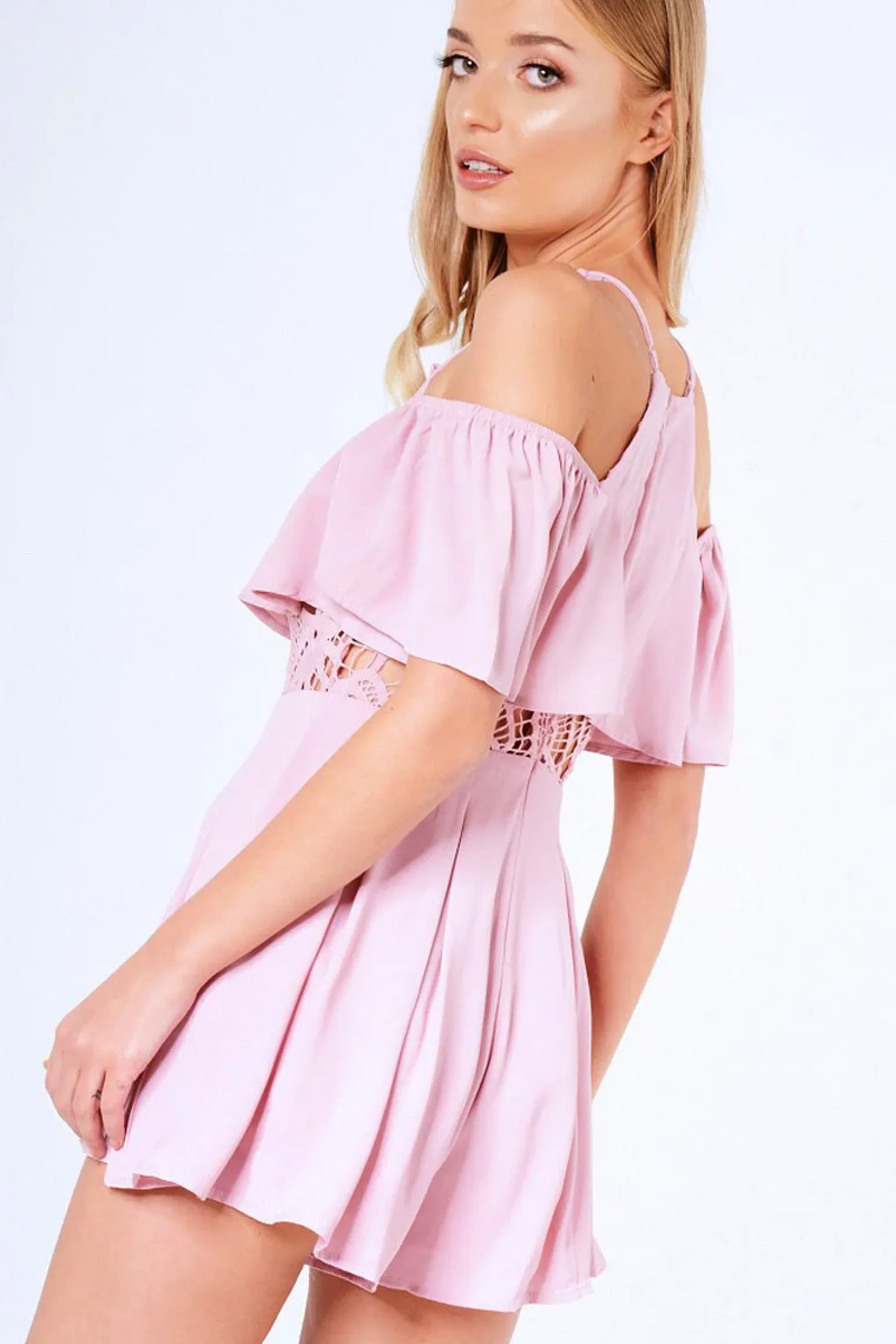 Rebellious Fashion Pink Bardot Crochet Frill Playsuit - Jenner