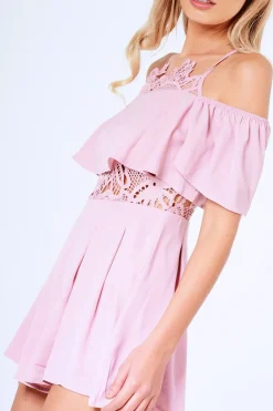 Rebellious Fashion Pink Bardot Crochet Frill Playsuit - Jenner