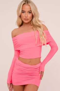 Rebellious Fashion Pink Bardot Cropped Top & Mini Skirt Co-ord Set - Ariel