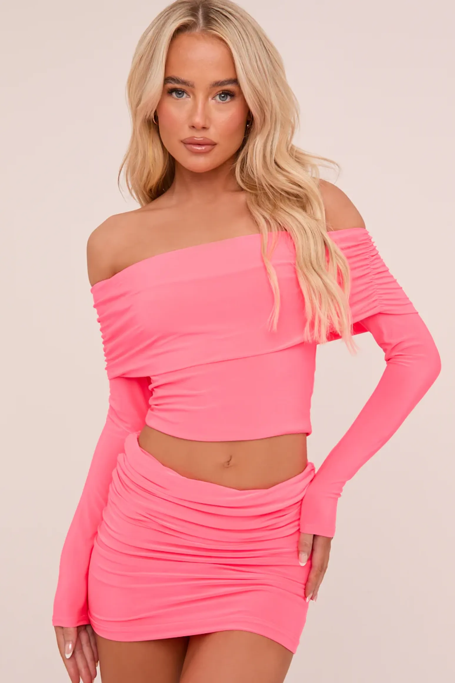 Rebellious Fashion Pink Bardot Cropped Top & Mini Skirt Co-ord Set - Ariel