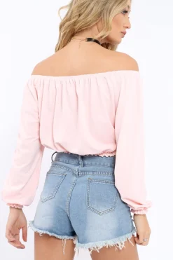Rebellious Fashion Pink Bardot Crop Top - Brooke