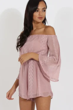 Rebellious Fashion Pink Bardot Floral Embroidered Playsuit - Olita