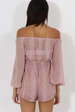 Rebellious Fashion Pink Bardot Floral Embroidered Playsuit - Olita