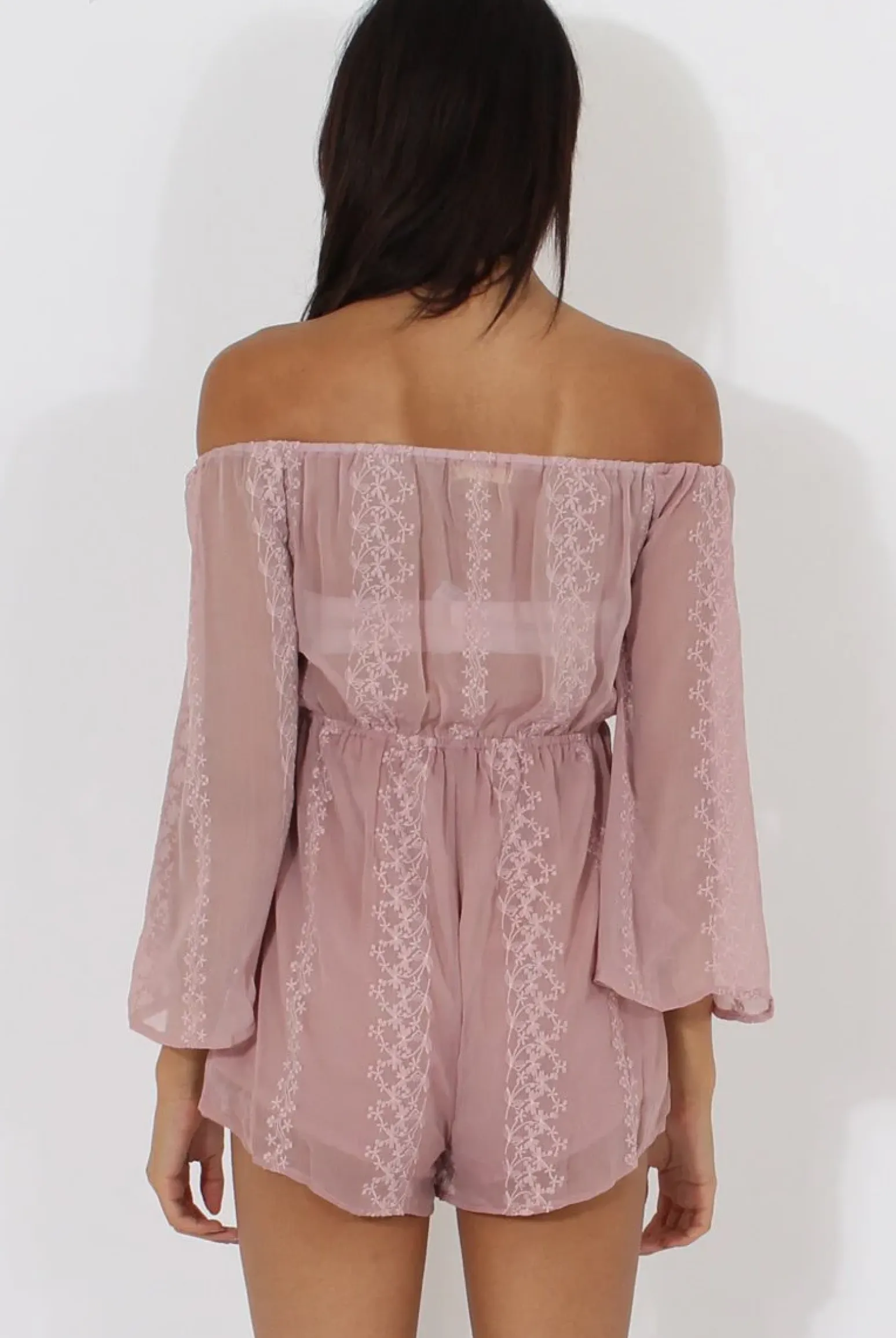 Rebellious Fashion Pink Bardot Floral Embroidered Playsuit - Olita