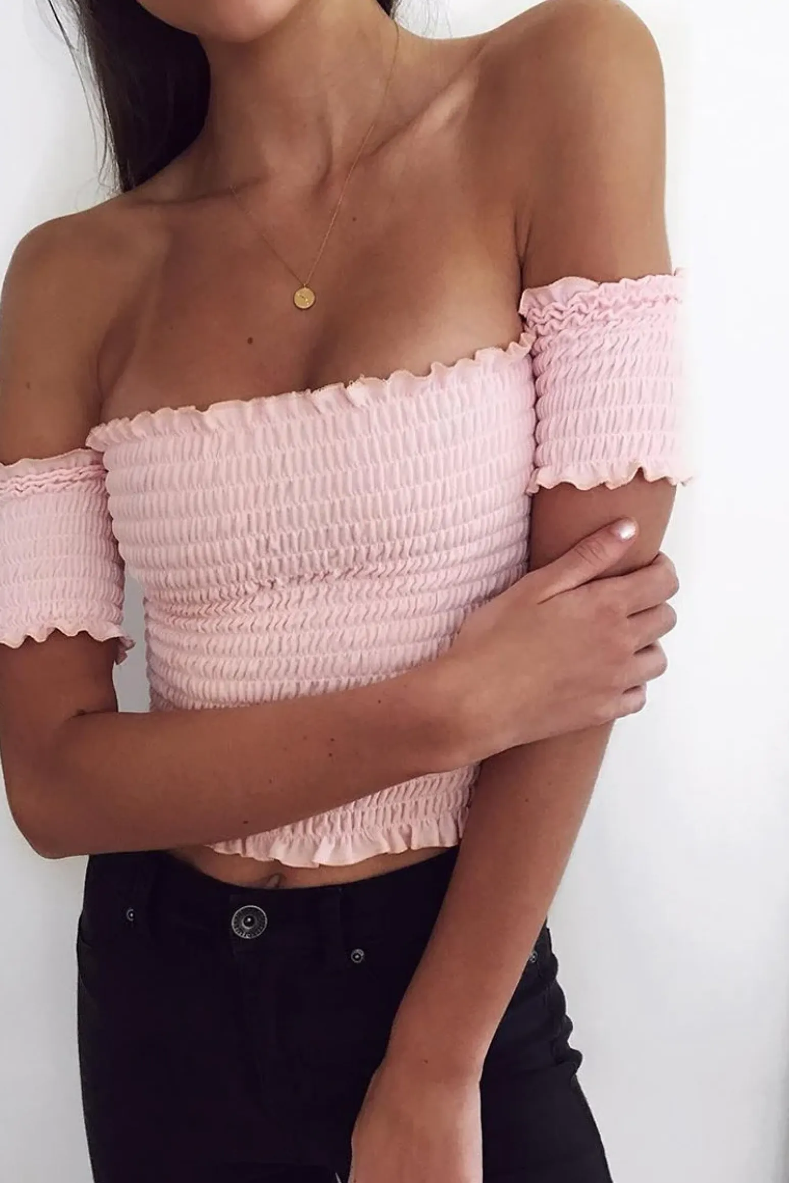Rebellious Fashion Pink Bardot Frill Shirred Crop Top - Kailah