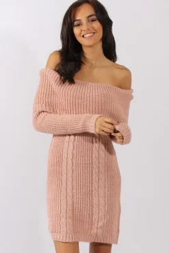 Rebellious Fashion Pink Bardot Heavy Knit Jumper Dress - Suzy
