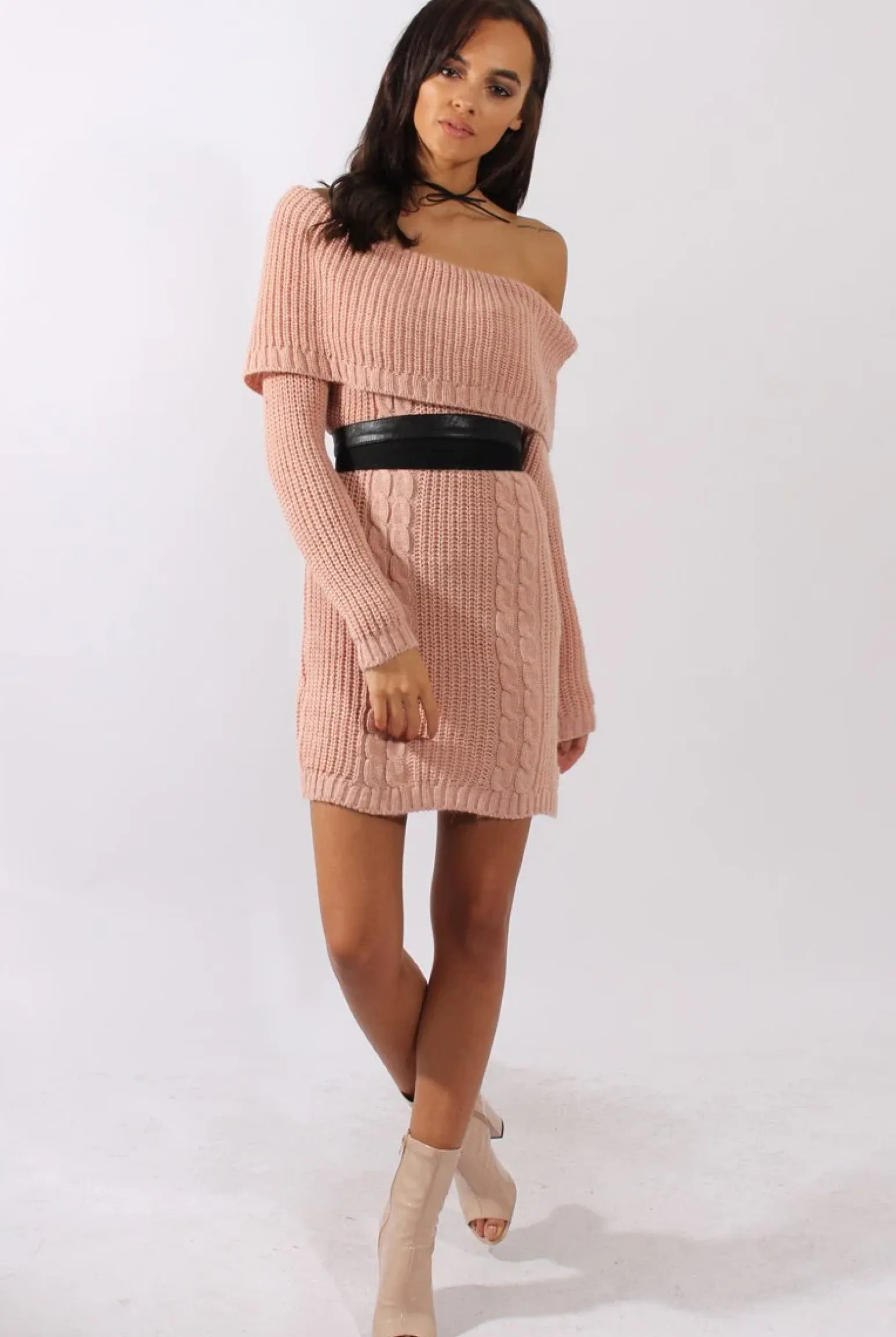 Rebellious Fashion Pink Bardot Heavy Knit Jumper Dress - Suzy