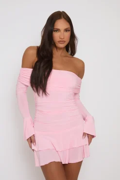 Rebellious Fashion Pink Bardot Ruffle Frill Hem Mini Dress - Lotty