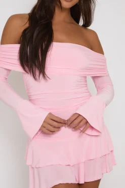 Rebellious Fashion Pink Bardot Ruffle Frill Hem Mini Dress - Lotty