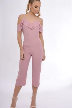 Rebellious Fashion Pink Bardot Strap Frill Cropped Jumpsuit - Leni