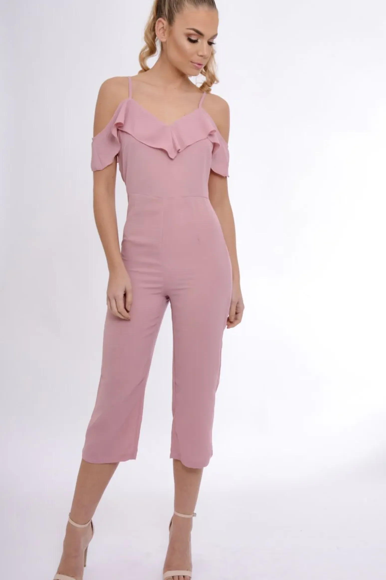 Rebellious Fashion Pink Bardot Strap Frill Cropped Jumpsuit - Leni