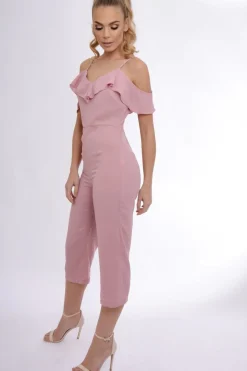 Rebellious Fashion Pink Bardot Strap Frill Cropped Jumpsuit - Leni
