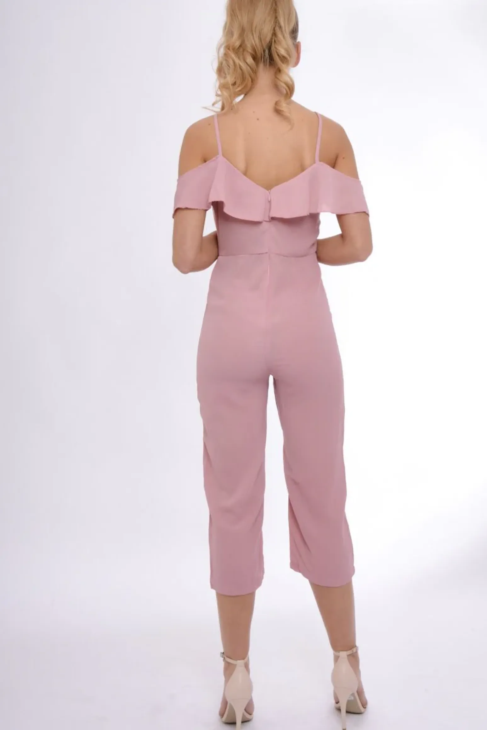 Rebellious Fashion Pink Bardot Strap Frill Cropped Jumpsuit - Leni