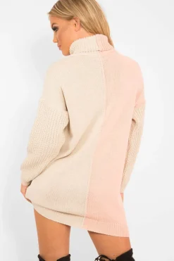 Rebellious Fashion Pink Beige Colour Block Roll Neck Jumper - Milie