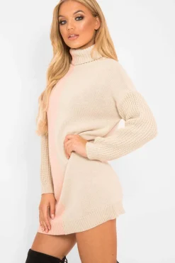 Rebellious Fashion Pink Beige Colour Block Roll Neck Jumper - Milie