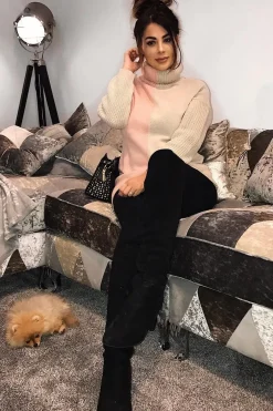 Rebellious Fashion Pink Beige Colour Block Roll Neck Jumper - Milie