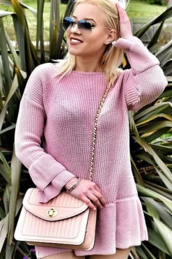 Rebellious Fashion Pink Bell Sleeve Extreme Hem Chunky Knit Jumper Dress - Paige