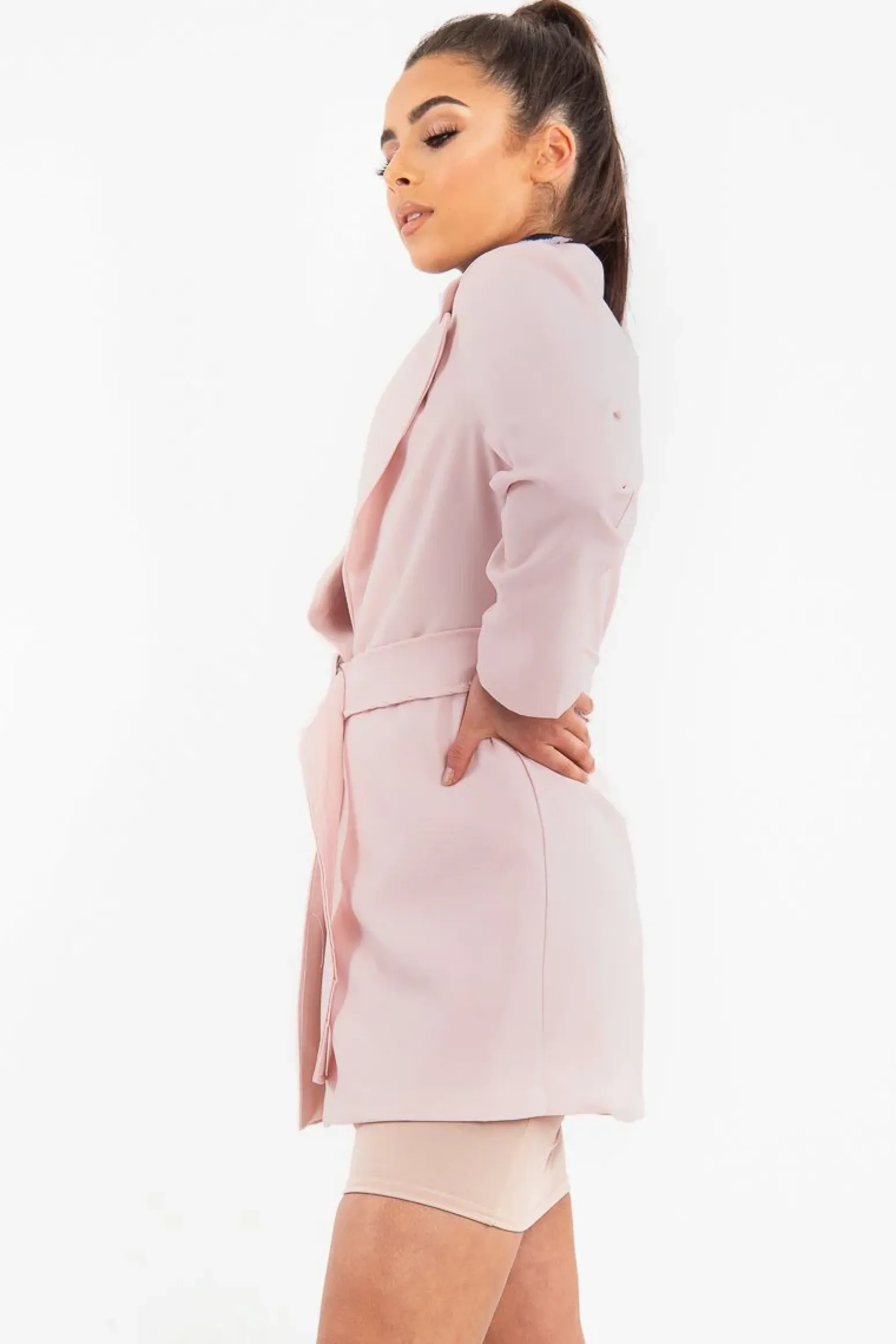 Rebellious Fashion Pink Belted Button Front Blazer Dress - Naomy