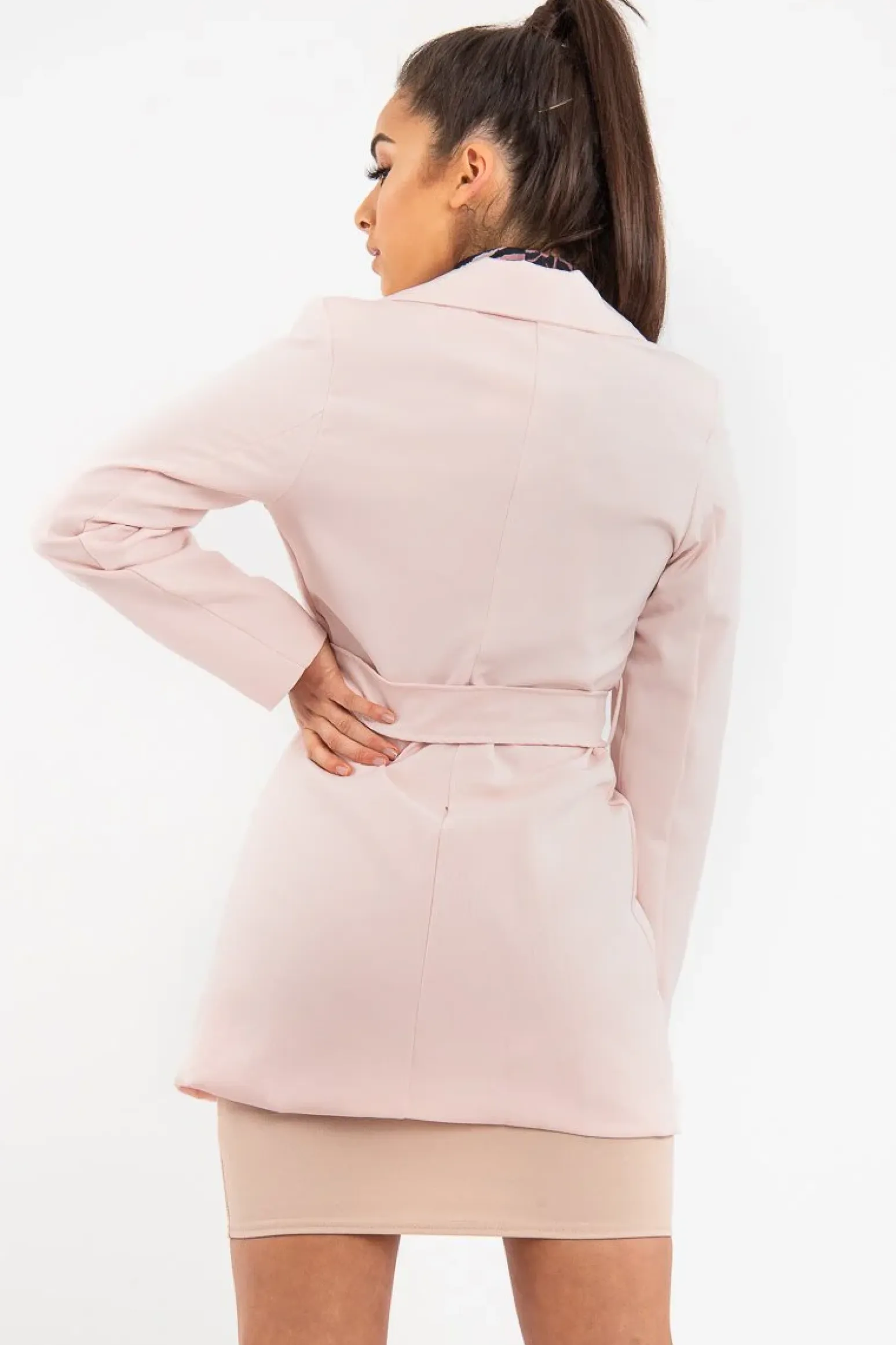 Rebellious Fashion Pink Belted Button Front Blazer Dress - Naomy