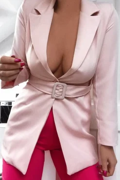 Rebellious Fashion Pink Belted Button Front Blazer Dress - Naomy