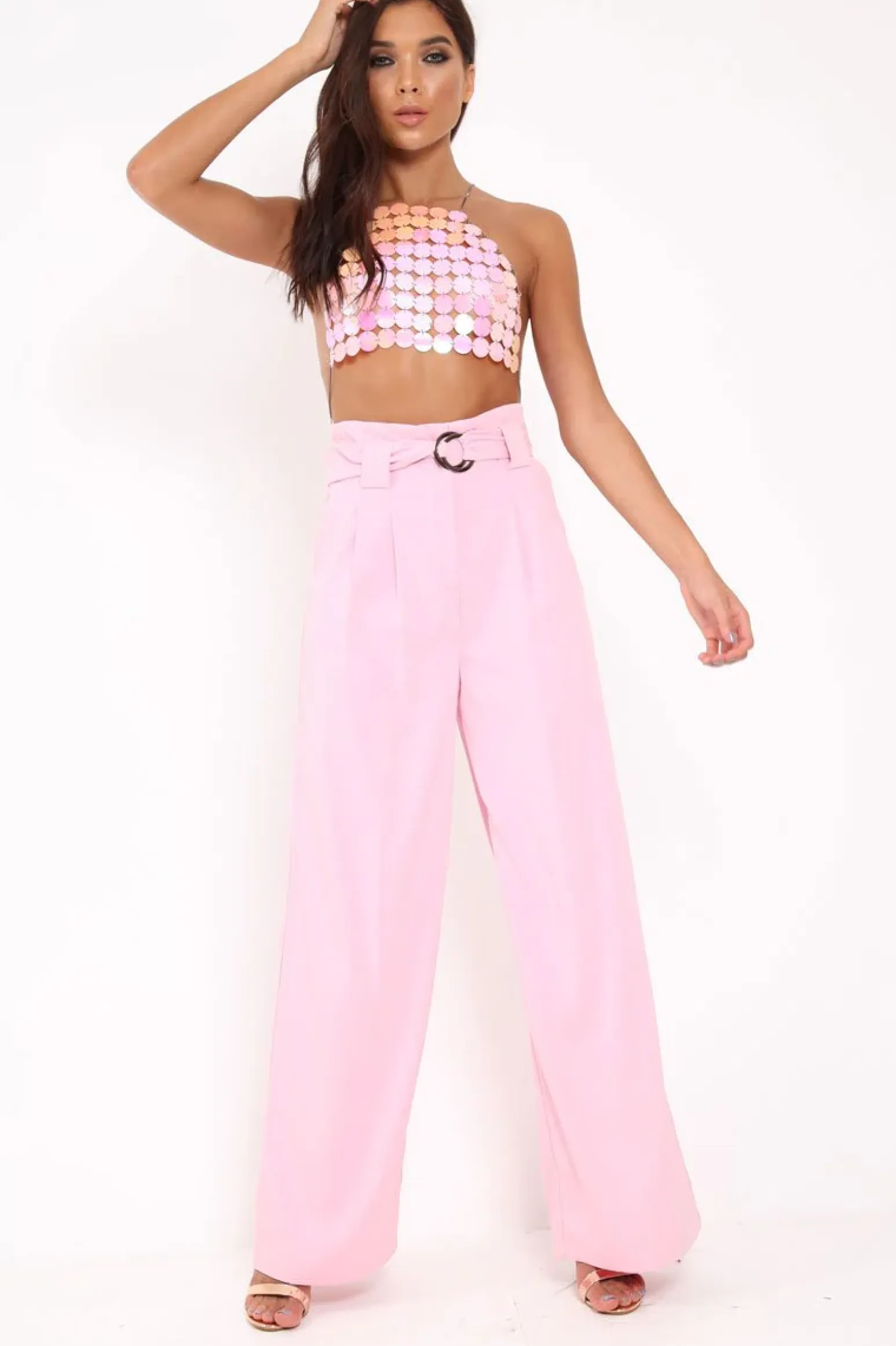 Rebellious Fashion Pink Belted High Waist Wide Leg Trousers - Elianny