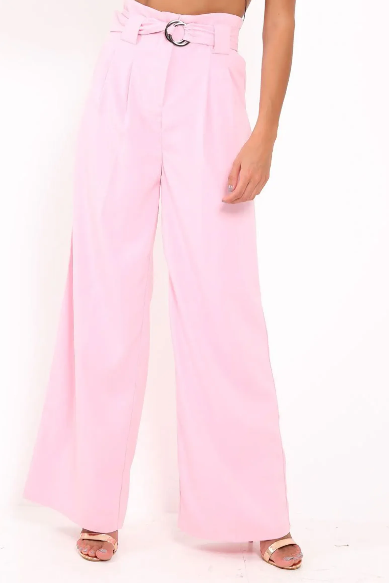 Rebellious Fashion Pink Belted High Waist Wide Leg Trousers - Elianny