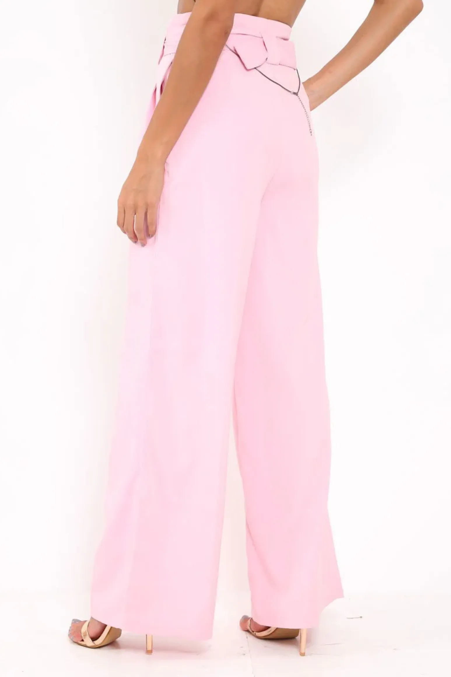Rebellious Fashion Pink Belted High Waist Wide Leg Trousers - Elianny
