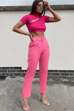 Rebellious Fashion Pink Belted Tapered Peg Trousers - Jessika