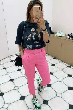 Rebellious Fashion Pink Belted Tapered Peg Trousers - Jessika