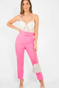 Rebellious Fashion Pink Belted Tapered Peg Trousers - Jessika