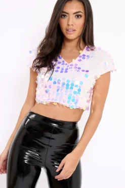 Rebellious Fashion Pink Big Disc Sequin Crop Top - Layton