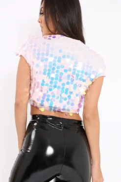 Rebellious Fashion Pink Big Disc Sequin Crop Top - Layton