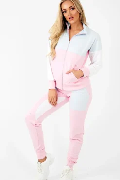 Rebellious Fashion Pink Blue White Colour Block Tracksuit - Karalynn