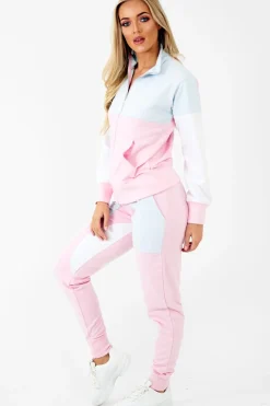 Rebellious Fashion Pink Blue White Colour Block Tracksuit - Karalynn