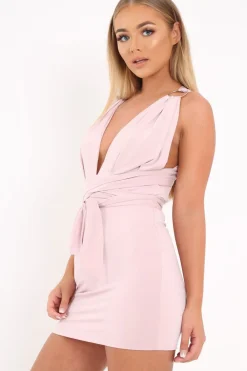 Rebellious Fashion Pink Bodycon Plunge Ring Multi Way Dress - Shoni