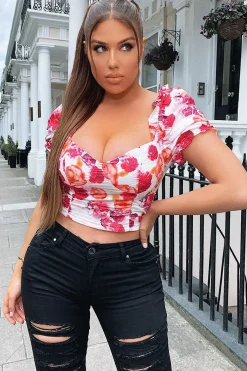 Rebellious Fashion Pink Bold Floral Corset Crop Top - Ivonne