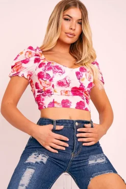 Rebellious Fashion Pink Bold Floral Corset Crop Top - Ivonne