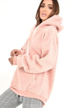 Rebellious Fashion Pink Borg Pocket Front Hoodie - Dezi