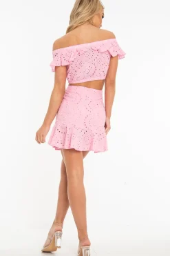 Rebellious Fashion Pink Broderie Lace Bardot Crop Top Skirt Co-Ord - Dahlia