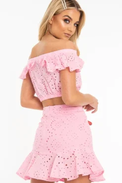 Rebellious Fashion Pink Broderie Lace Bardot Crop Top Skirt Co-Ord - Dahlia