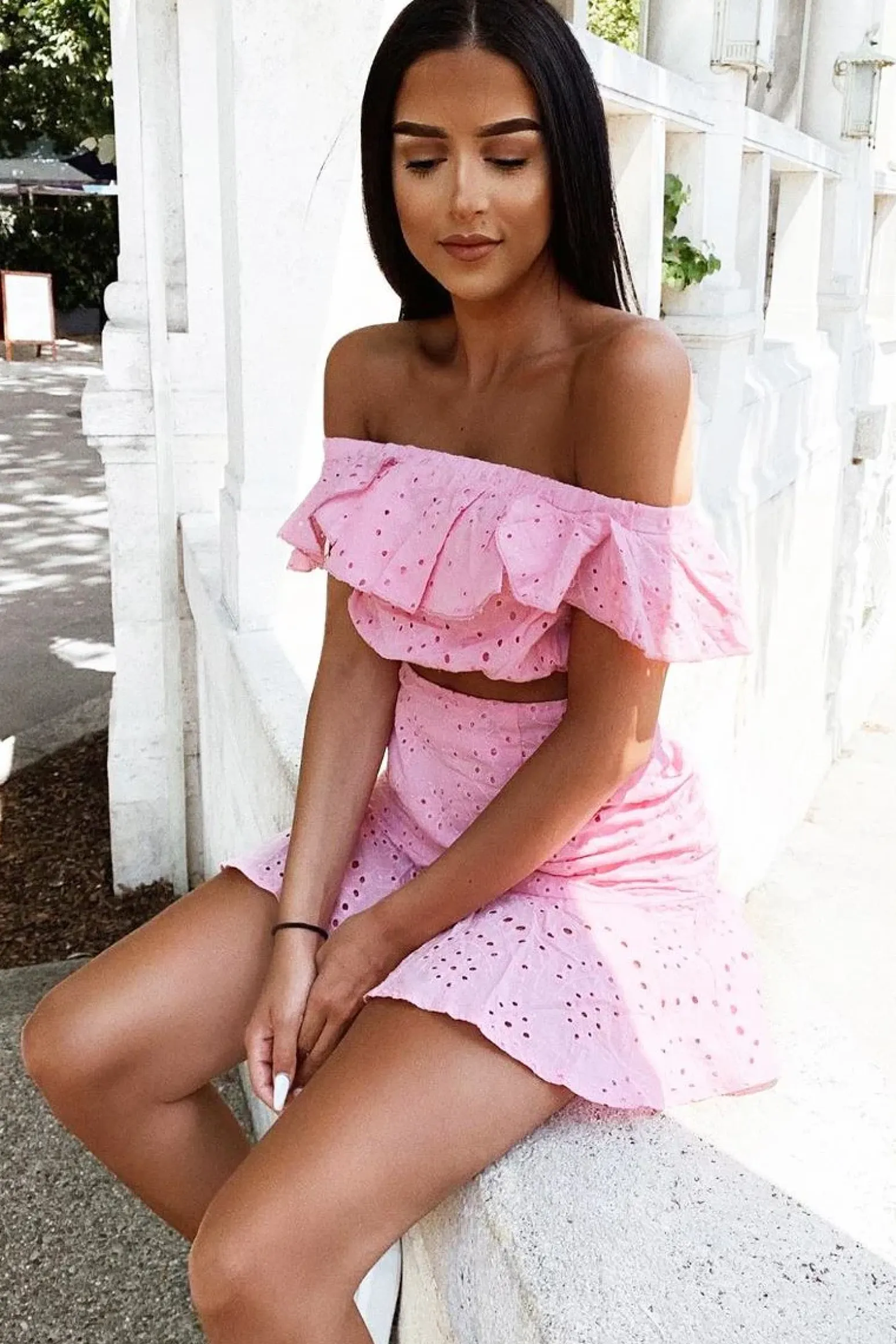 Rebellious Fashion Pink Broderie Lace Bardot Crop Top Skirt Co-Ord - Dahlia