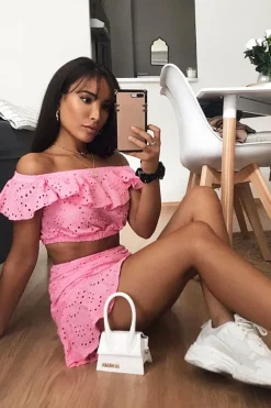 Rebellious Fashion Pink Broderie Lace Bardot Crop Top Skirt Co-Ord - Dahlia