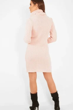 Rebellious Fashion Pink Button Front Roll Neck Jumper Dress - Ericka