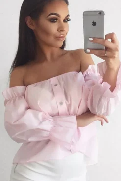 Rebellious Fashion Pink Button Up Bardot Crop Top - LuLu