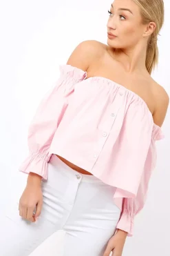 Rebellious Fashion Pink Button Up Bardot Crop Top - LuLu