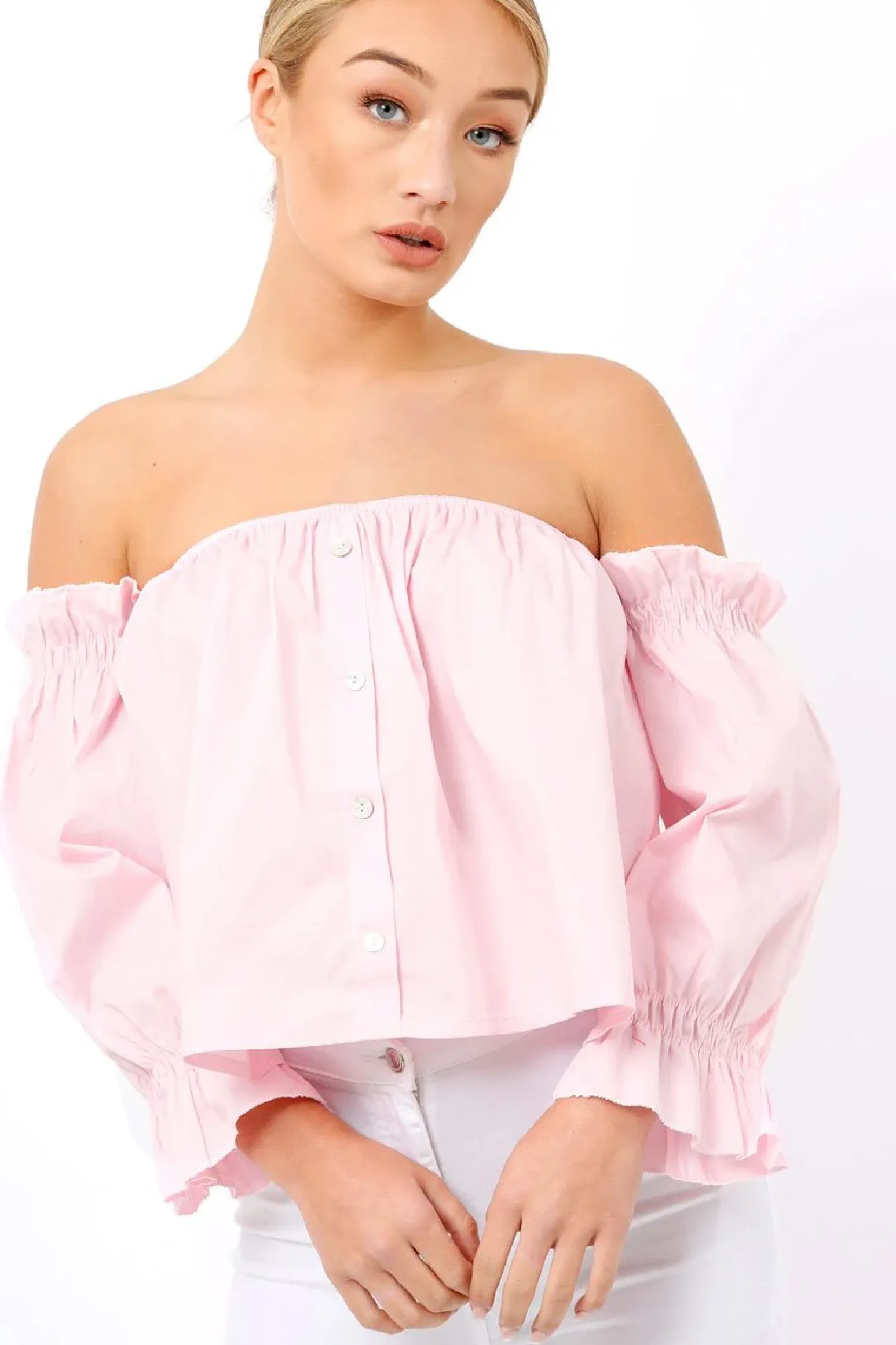 Rebellious Fashion Pink Button Up Bardot Crop Top - LuLu