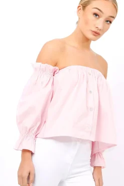 Rebellious Fashion Pink Button Up Bardot Crop Top - LuLu