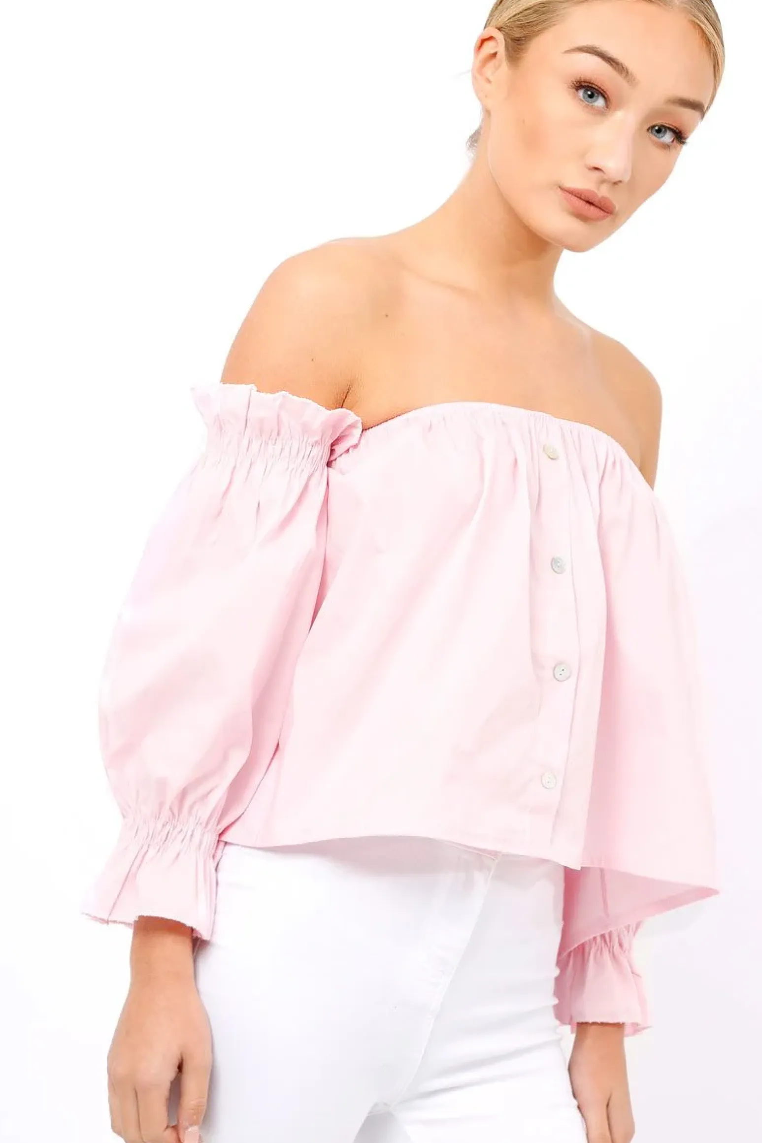 Rebellious Fashion Pink Button Up Bardot Crop Top - LuLu