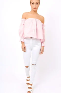 Rebellious Fashion Pink Button Up Bardot Crop Top - LuLu