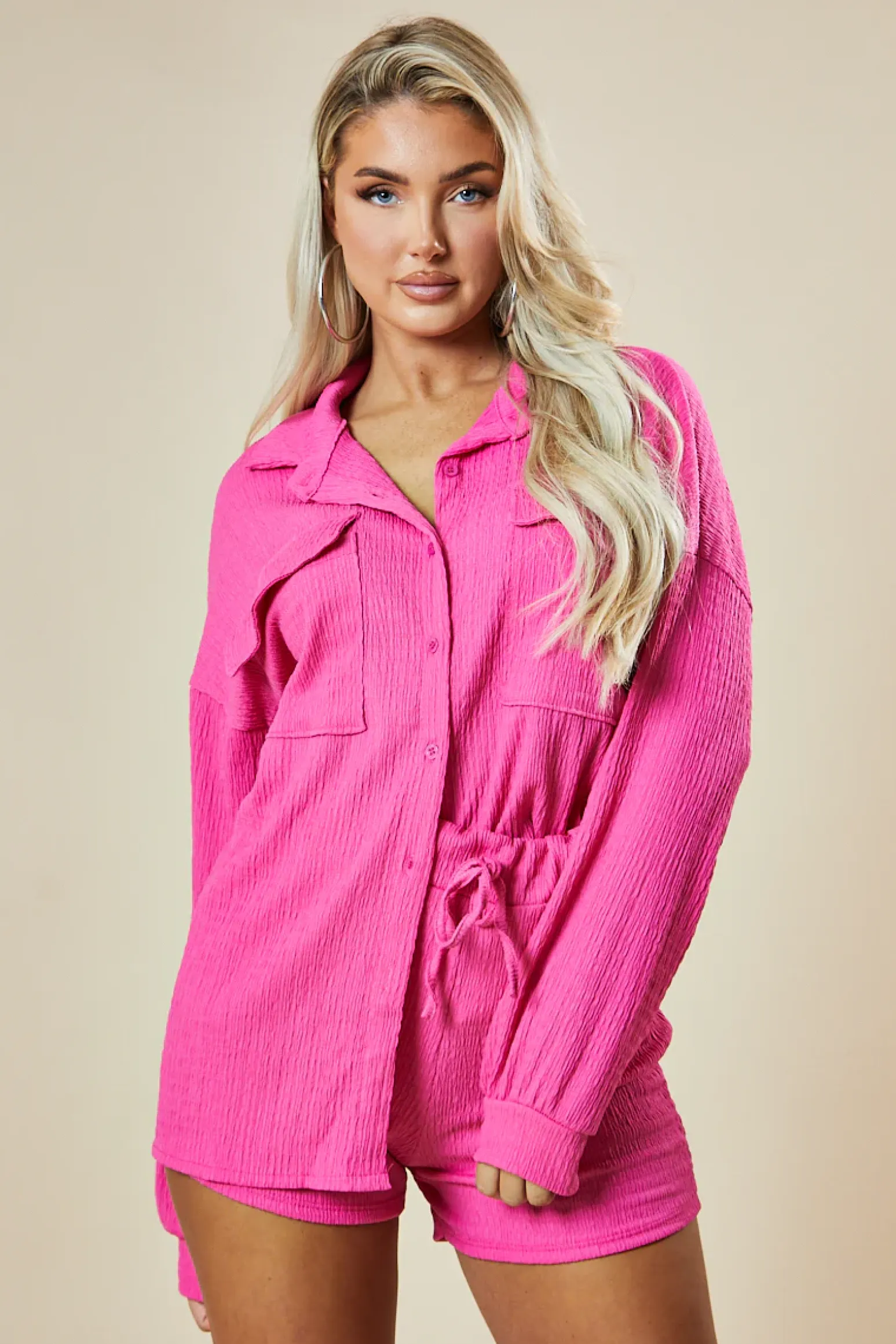 Rebellious Fashion Pink Button Up Front Shirt & Shorts Co-ord Set - Hoshi